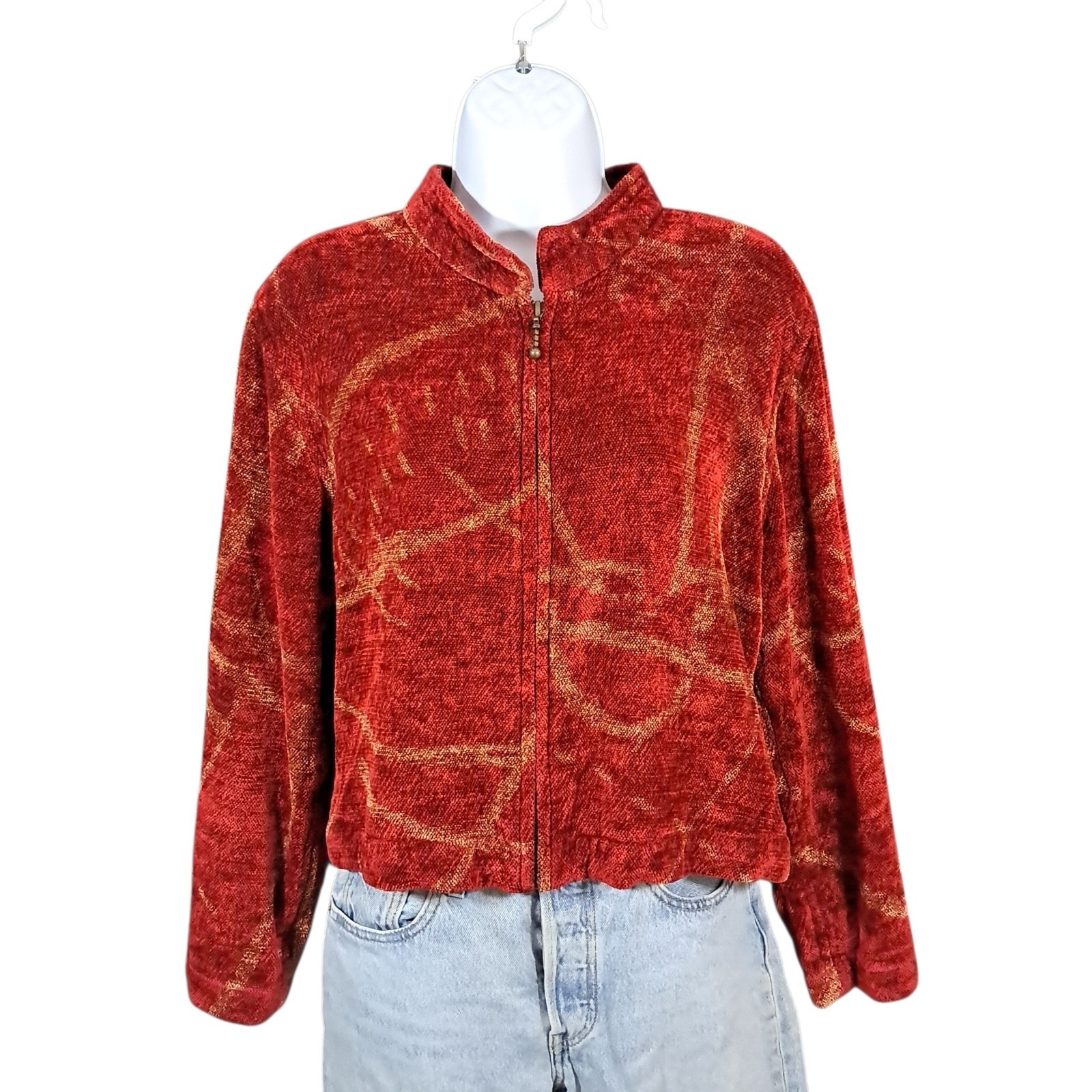 Maude Andrade Handwoven Art-To-Wear Chenille Jacket Full Zip Red Large Boxy